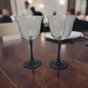 Luminarc Black Stemmed Tulip Wine Glasses, Set of 2, Vtg Domino Design, Stemware